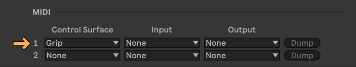 Ableton MIDI settings showing Grip as control surface